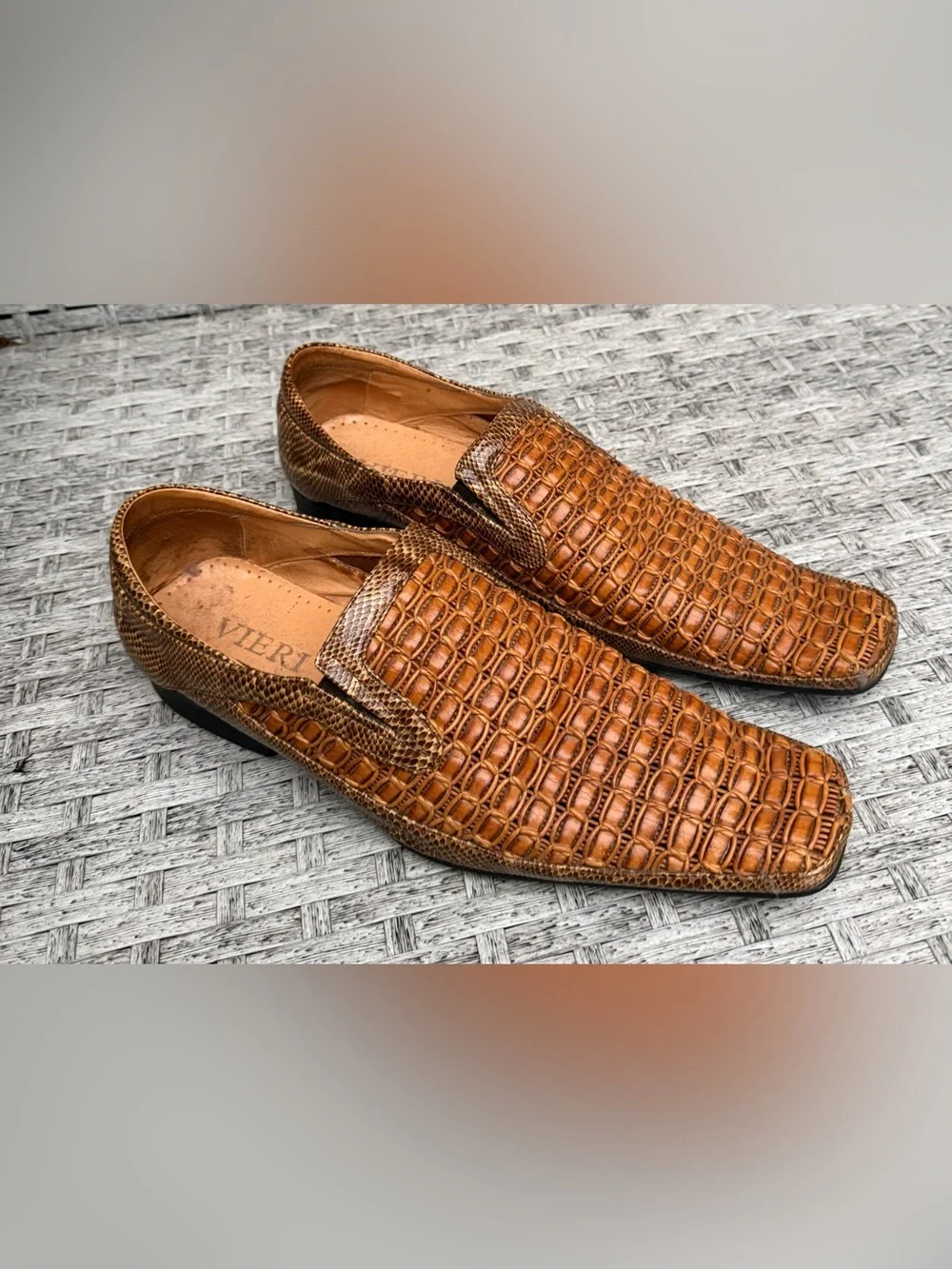 Vieri Woven Leather & Snakeskin Print Slip-On Loafers Square Toe Men’s EU 42